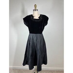 True Vintage 1950s Black Velvet Midi Party Dress 29-30" Waist Medium Rhinestone